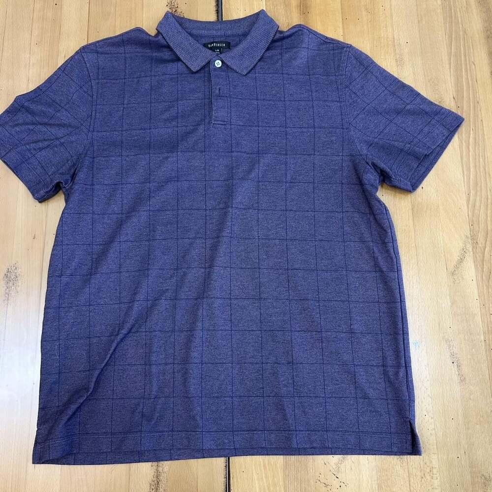 Van Heusen Windowpane Check Polo Shirt Size L Blue Short Sleeve